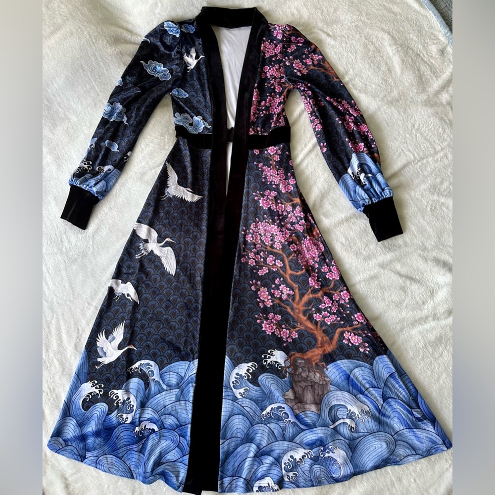 Blackmilk Flight of Tsuru Velvet Maxi Jacket